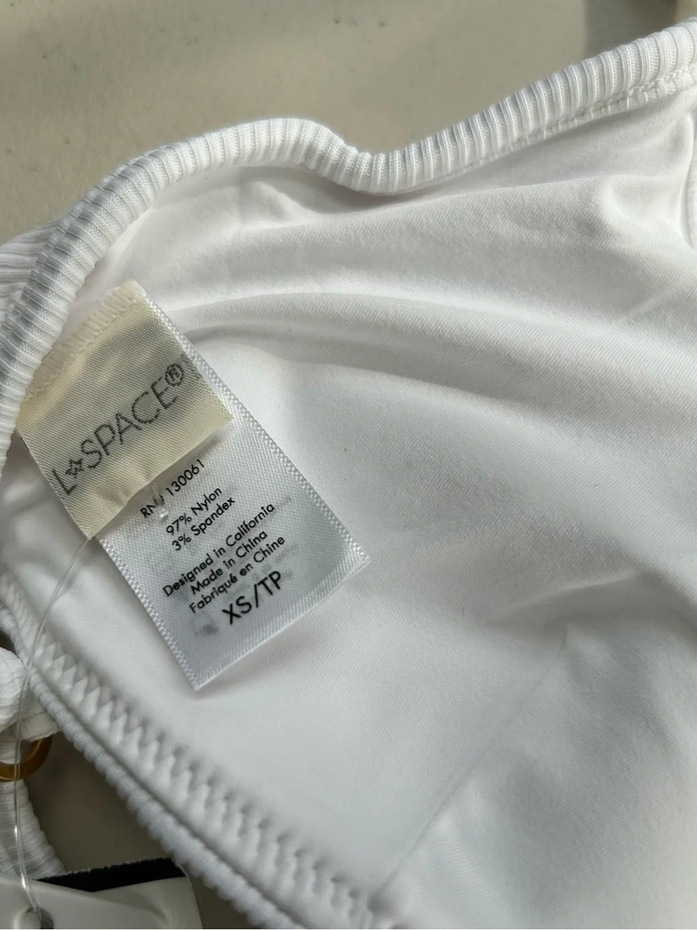 L*SPACE Helena Bikini Top XS White Ribbed Gold V Wire Swimwear Bachelorette NWT